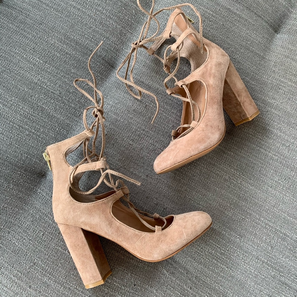 Steve Madden Voxx Lace-Up Suede Heels Tan 7